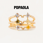 pdpaola银镀18k金多巴胺彩色宝石，三环叠戴食指戒指，女小众设计juno