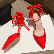 红色婚鞋宴会新娘鞋女细跟时尚，尖头一字扣凉鞋，大码404143高跟鞋