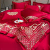 高档中式刺绣婚庆四件套，大红色全棉床单被套结婚床上用品，六件套新