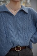 秋冬季复古麻花v领蓝色毛衣女法式宽松外穿慵懒风套头针织衫上衣