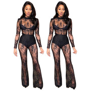 Women's Sling Hollow lace black Jumpsuit sexy 蕾丝透视连体裤