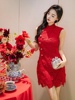 sp同款红色蕾丝无袖连衣裙，新中式改良旗袍，短款2024夏季订婚