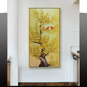 发财树手绘油画玄关装饰画竖版现代客厅走廊过道欧式背景墙壁挂画