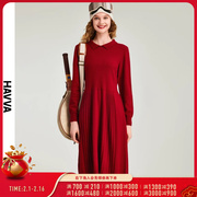HAVVA2023秋冬红色连衣裙女收腰显瘦a字裙气质法式裙子Q2584