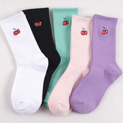 21樱桃刺绣袜子男女情侣中筒袜ins街头百搭运动袜，韩国潮牌袜