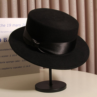 帽子女秋冬黑色平沿礼帽，英伦复古羊毛毡帽，时尚百搭法式毛呢平顶帽