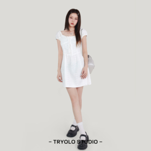 夏季甜妹降临TRYOLO自制法式少女白色连衣裙 方领系带收腰裙