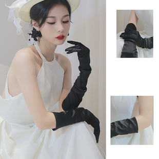 法式黑色缎面长手套新娘，结婚袖套宴会礼服丝绒，手袖优雅高级感春秋