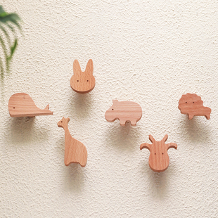 日式可爱动物木质挂钩儿童房装饰榉木粘钩门后挂钥匙衣服墙壁挂饰