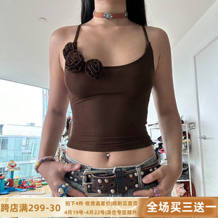 DARLINGAGA立体玫瑰印花设计感吊带背心女纯色百搭低圆领外穿上衣