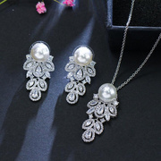 耳环925珍珠纯银项链耳耳钉韩版新娘简约锆石套链s针贝壳套装风女