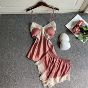 新款春夏秋性感妩媚小胸聚拢吊带短裤睡衣两件套装仿真丝带胸垫薄