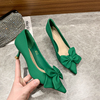 绿色婚鞋女细跟33小码高跟鞋，3cm秀禾服新娘，鞋蝴蝶结绿色低跟单鞋