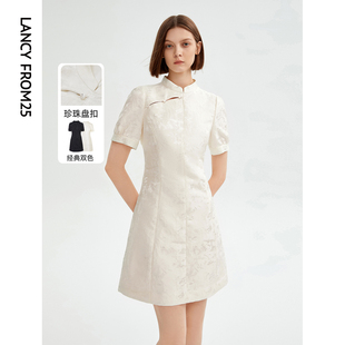 朗姿新中式复古气质黑色白色高级感旗袍连衣裙夏季显瘦短裙