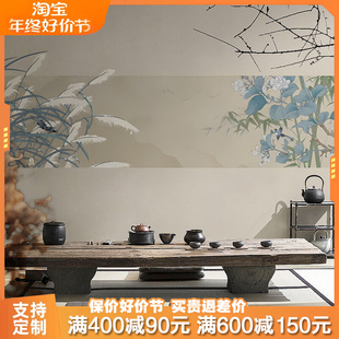 中式国风芦苇花鸟客厅墙纸，卧室壁布墙布，电视背景墙定制壁画无纺布