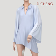 Ji Cheng原创22年春夏雪纺衬衫连衣裙显瘦纯色喇叭袖小众设计