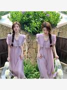夏季韩版雪纺短袖法式高级感气质娃娃领中长款哺乳连衣裙