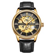 watch瑞士全自动金色镶钻机械表，全镂空夜光表，时尚男士皮带手表