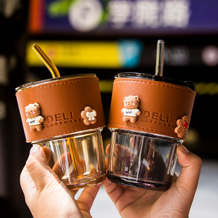 外带吸管咖啡杯便携式高级感透明双饮口设计感小众玻璃竹节随行杯