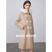 Basic House/百家好长款毛呢外套女2023冬季毛领双面呢大衣