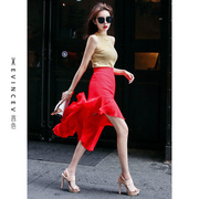 红色鱼尾裙半身裙2024夏流行时尚气质不规则斜边半裙雪纺裙子