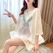 韩国蕾丝镂空露背短袖t恤女夏季宽松大版中长款亮闪闪上衣服