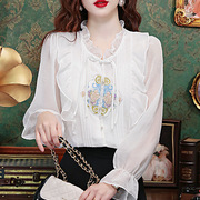 刺绣荷叶边盘扣带子，雪纺衫女喇叭袖气质，优雅中式国潮长袖衬衫