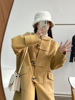 韩版鹅黄色2023款牛角扣连帽双面，羊绒大衣女通勤中长款毛呢子(毛呢子)外套