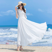 夏季白色蕾丝连衣裙雪纺，显瘦海边度假沙滩裙长裙，到脚踝超长款