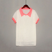 416 夏季短袖雪纺衫韩版设计感钉珠娃娃领时尚气质洋气小衫