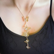 欧美跨境饰品复古时尚个性，大小镂空蝴蝶项链合金，镶钻吊坠长款颈链