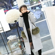 茠色品牌韩版银灰色羊绒呢大衣，中长款连帽狐狸，毛口袋(毛口袋)毛尼外套