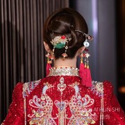 新娘新中式旗袍晨袍头饰红色，敬酒服发饰，复古国风结婚饰品步摇发簪