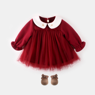 女童红色秋冬装宝宝连衣裙加厚公主，裙加绒呢子新年装毛呢裙子童装