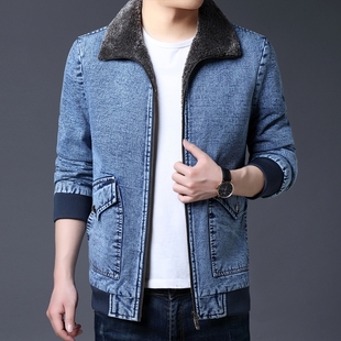 牛仔外套男士秋冬季韩版修身加绒加厚毛领棉，衣服保暖休闲工装夹克