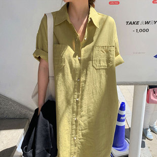 韩国chic夏季简约小众翻领单排扣口袋，宽松纯色短袖衬衫式连衣裙女