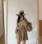 韩版休闲天丝洋气套装女2023夏季纯色防晒衬衫，女上衣加短裤