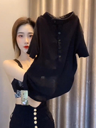 黑色雪纺衫t恤女2022年短袖夏季修身心机设计感小众微透衬衣