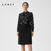 LANCY/朗姿2023秋冬高腰飘带拼接连衣裙羊毛真丝黑裙子女修身