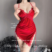 cutie：法式迷情*带胸垫金丝绒睡衣性感红色吊带睡裙珊瑚绒睡袍女