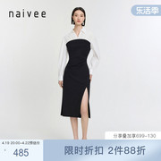 naivee24春时髦高级感穿搭黑白拼接假两件开衩收腰OL连衣裙