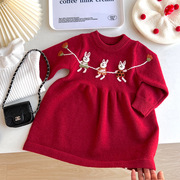 女童针织连衣裙秋冬款儿童加厚圣诞款毛衣裙洋气女宝宝红色公主裙