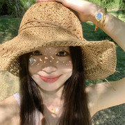 夏季手工编织镂空草帽女海边沙滩，遮阳防晒大檐法式可折叠帽子