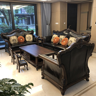 美式古典实木沙发油蜡皮，牛皮123组合别墅客厅，大户型黑胡桃木家具