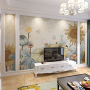 温馨淡雅手绘向日葵壁画3d美式乡村田园壁纸客厅，电视沙发背景墙布