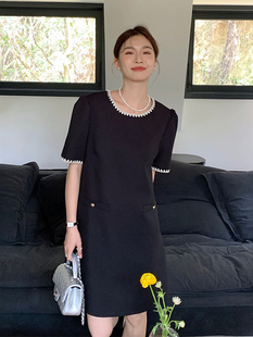 韩国chic夏季气质小香风圆领刺绣，花边撞色宽松休闲a字短袖连衣裙
