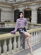 香芋紫色温柔氛围感上衣细腻针织毛毛袖披肩领花朵碎片针织衫毛衣