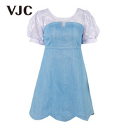 VJC/威杰思女装春夏短袖连衣裙商场同款蓝色牛仔拼接蕾丝
