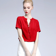 红色雪纺衫欧洲站纯色系带v领短袖，雪纺衬衫女