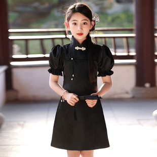 女童旗袍黑色儿童中国风洋气公主，礼服裙泡泡袖夏季小孩改良连衣裙